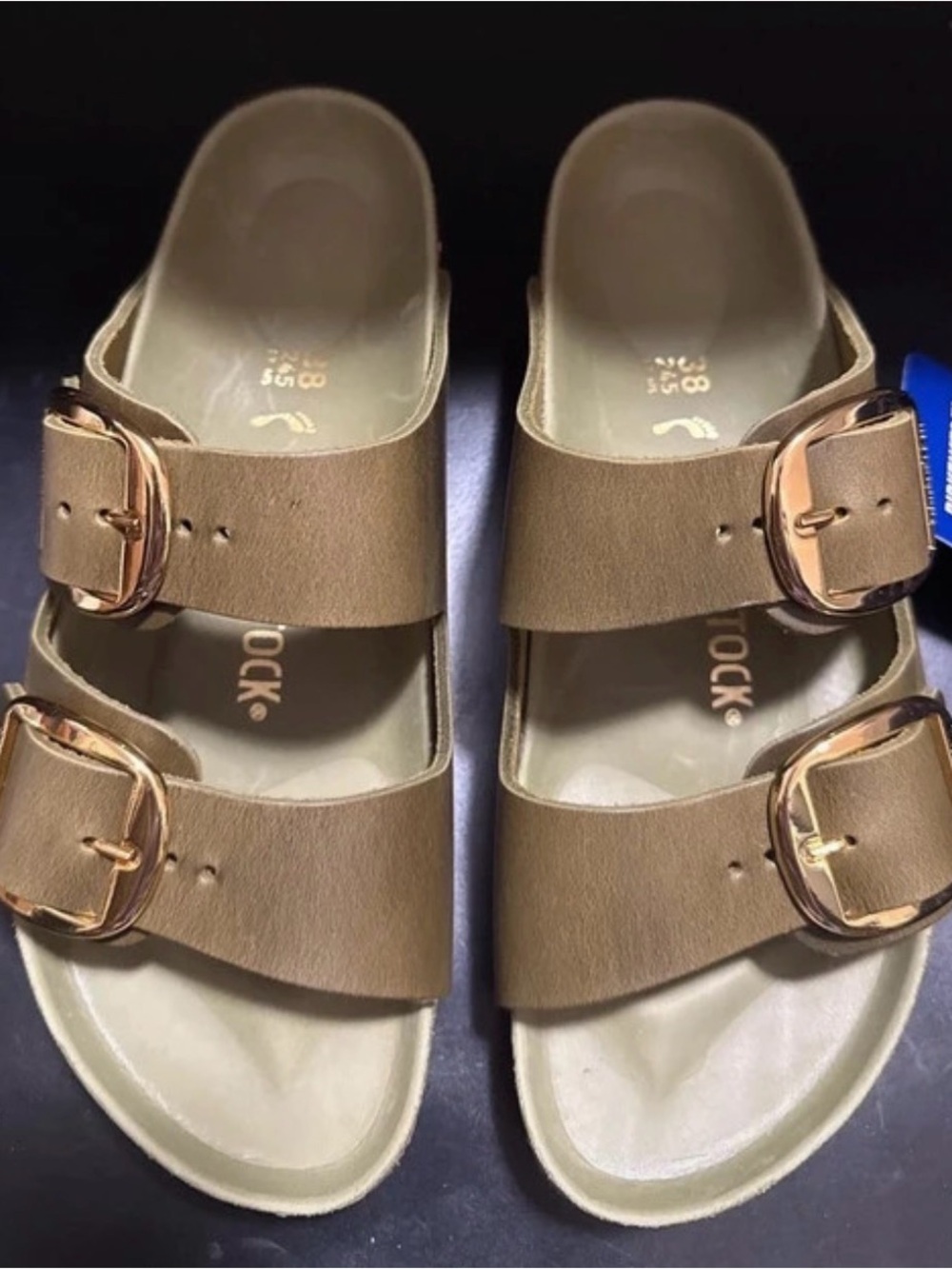Birkenstock Arizona Olive Two-Strap Sandals with Gold Buckles 38N